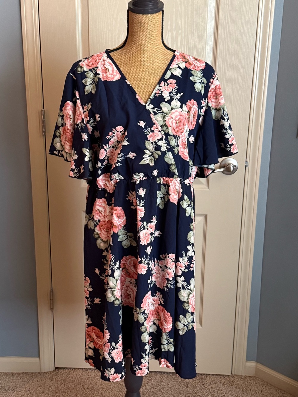 SHEIN Navy Floral Wrap-Style Mini Dress with Pink Roses